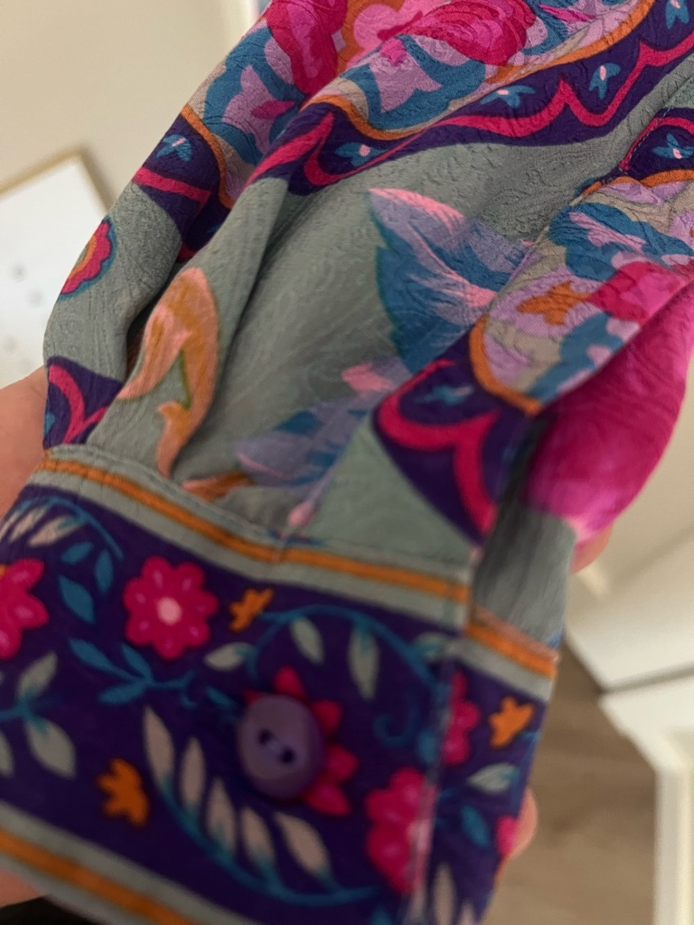 Bob Mackie Wearable Art Silk Blouse Large Purple Paisley Floral Button Front Top - Picture 7 of 10